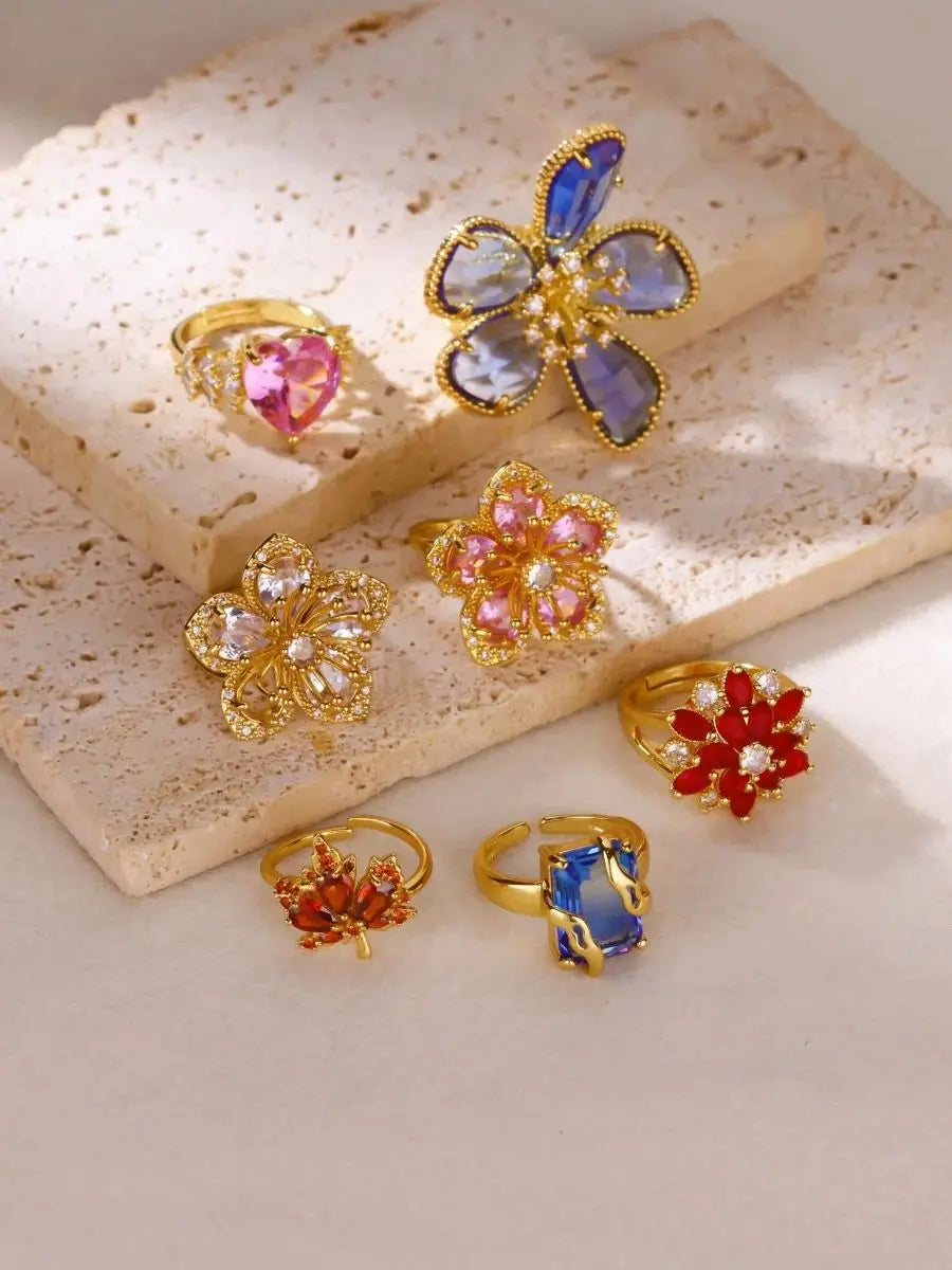 Stainless Steel Rings Gold Plated Colorful Stone Zircon Crystal Luxury Flower Ring For Women Wedding Jewelry Christmas Gift New
