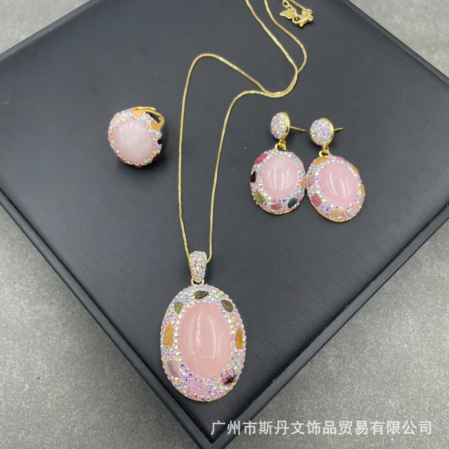 Natural powder crystal tourmaline rough stone set, fashionable light luxury natural Czech diamond, personalized jewelry three-pi