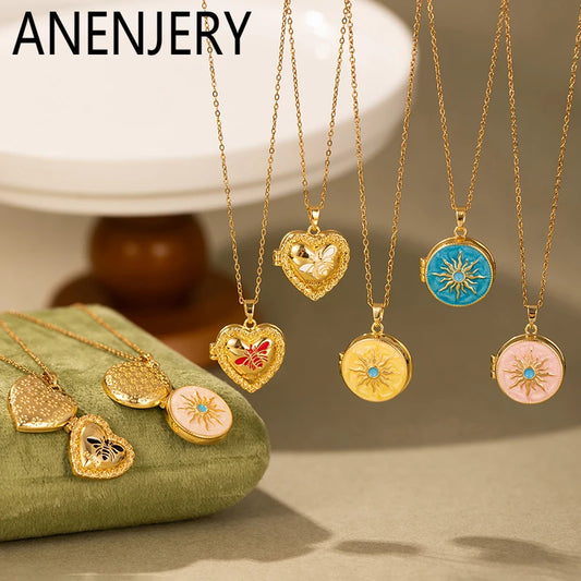 ANENJERY 316L Stainless Steel Colorful Openable Photo Frame Heart Flower Pearl Sun Necklace For Women Vintage Jewelry Souvenir
