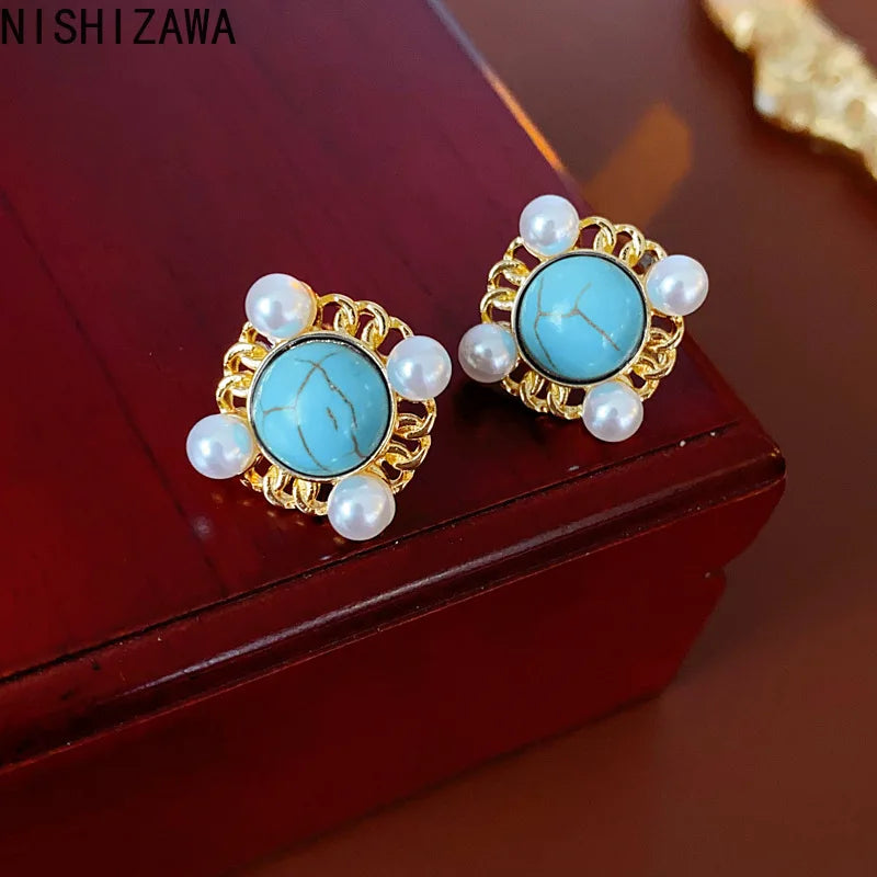 NISHIZAWA Pearls Stud Earrings for Women Geometric Sweet Korean Fashion Jewelry Elegant Vintage Simple Aretes De Mujer