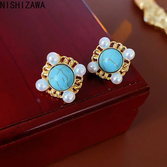 NISHIZAWA Pearls Stud Earrings for Women Geometric Sweet Korean Fashion Jewelry Elegant Vintage Simple Aretes De Mujer