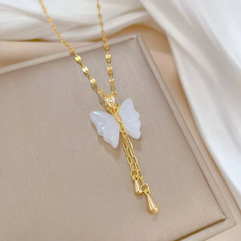 Exquisite Micro Inlaid Zircon Butterfly Tassel Necklace For Women Stainless Steel Moon Butterfly Flower Clavicle Choker Jewelry