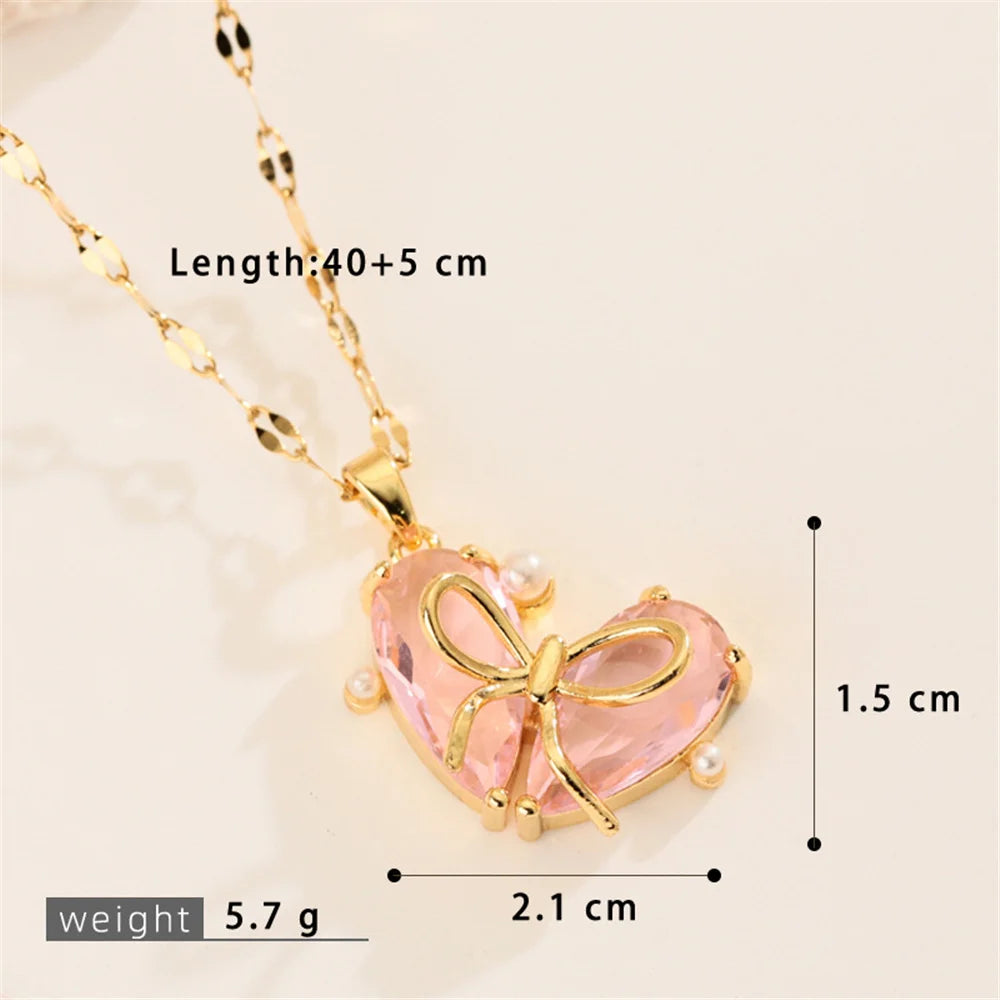 Cute Small Heart Love Bow Charm Female Pink Purple Zircon Fashion Pendant Necklace Gold Color Wedding Jewelry For Luxury Women