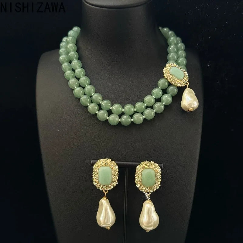 Pearls Women Earrings Green Geometric Vintage Palace Style Jewelry Light Luxury Elegant Dinner Party Pendientes Mujer