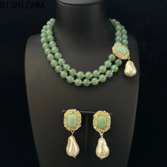 Pearls Women Earrings Green Geometric Vintage Palace Style Jewelry Light Luxury Elegant Dinner Party Pendientes Mujer
