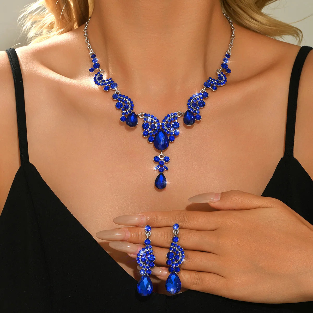 Women's Blue Geen Black Water Drop Earrings Necklace Set, Elegant Jewelry Gift for Women, Perfect for Parties & Daily Wear