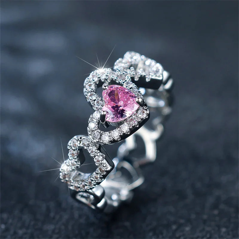 Luxury Female Pink Zircon Stone Ring Trendy Silver Color Heart Engagement Cute Bride Wedding Jewelry Gift For Women