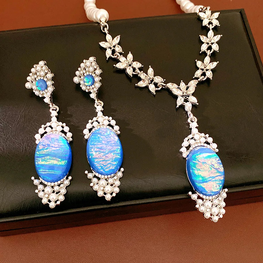 Imitation Pearl Necklace Drop Earrings Oval Shaped Pendant Necklace Earring Women's Fashion Rhinestone Party Jewelry Set  K