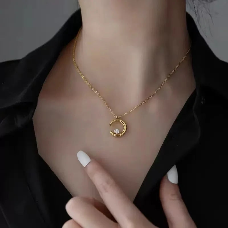 EILIECK Women's Trendy Floral Pink Zirconia Pendant Necklace Stainless Steel Neck Chain Daily Water-resistant Jewelry Lady Gift