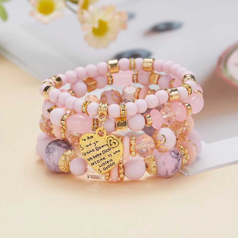 4pcs/set Bohemian Stackable Bead Bracelets for Women Multilayered Bracelet Pendant Charm Stretch Bangles