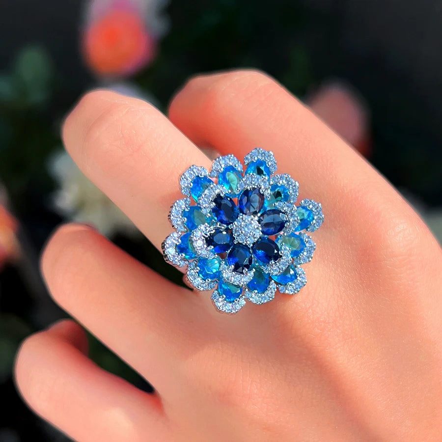 ThreeGraces Elegant Shiny Blue Zirconia 3D Design Big Flower Open Size Ring for Women Luxury Bridal Wedding Party Jewelry R325