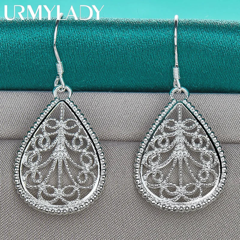 URMYLADY 925 Sterling Silver Water Drop Hollow Plant Earrings For Women Wedding Engagement Party Fashion Jewelry