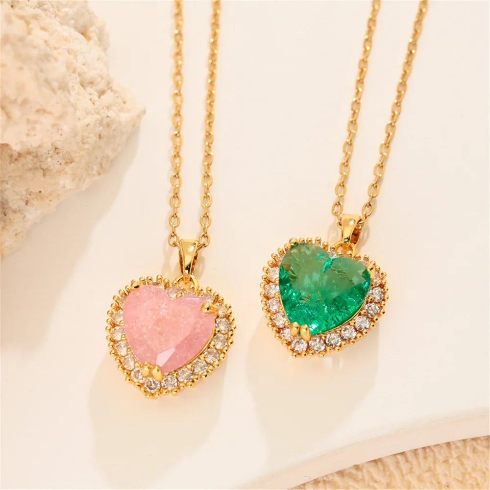 Small Heart Love Charm Female Pink Green Zircon 2026 Fashion Pendant Necklace Gold Silver Color Wedding Jewelry For Cute Women