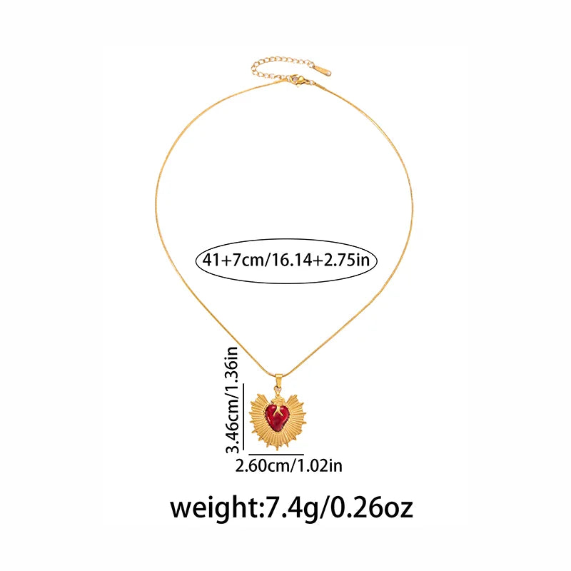 ANENJERY 316L Stainless Steel Red Heart Geometry Pendant Necklace For Women Vintage French Elegant Jewelry Gifts Wholesale