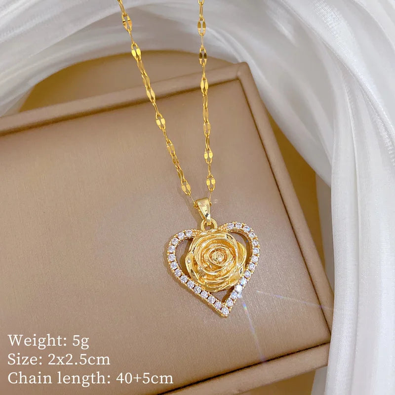 Unique Heart CZ Rose Flower Design Women's Pendant Necklace Aesthetic Bridal Wedding Accessories Gift for Mother's Day New