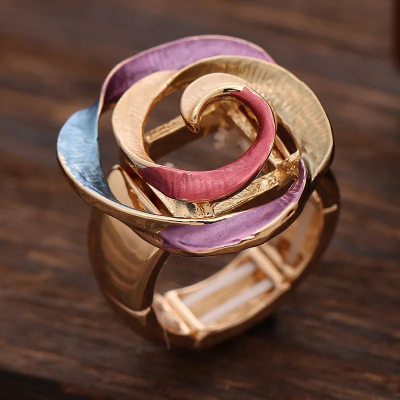 new color painting oil geometric hollow rose elastic ring, fashionable versatile women's alloy ring