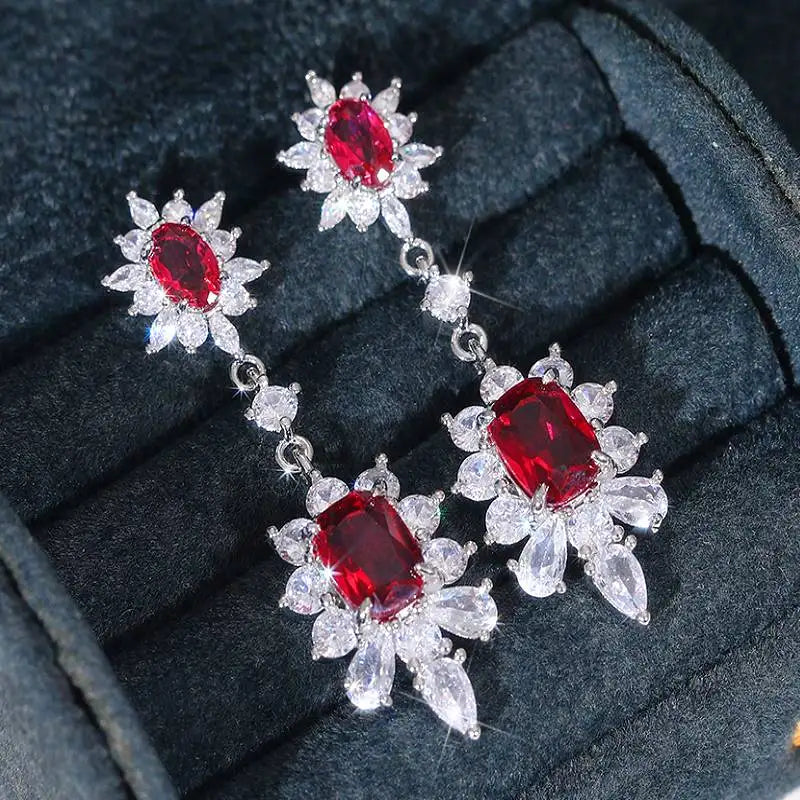 Huitan Brilliant Red/White CZ Hanging Earrings Women for Engagement Wedding Party Temperament Elegant Earrings Fashion Jewelry