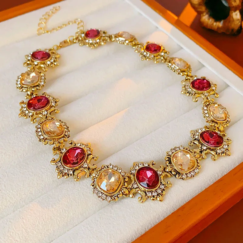 Vintage Square Rhinestone Round Drop Earring Chain Necklace Palace Style Luxury High-end Design Women's Jewelry Sets Wedding J