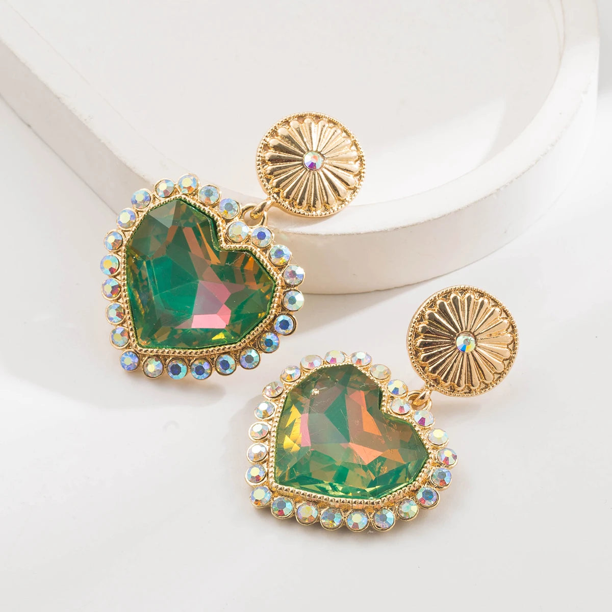New Retro Ethnic Style Inlaid Glass Diamond Turquoise Circular Heart Pendant Earrings For Women's Long Earrings