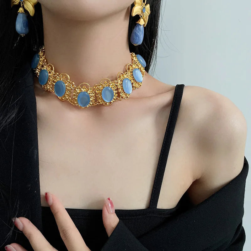 3 Pcs Bluey Rhinestone Square Bowknot Water Drop Dangle Earrings for Women Vintage Unique Design Necklaces Collar Jewelry Sets