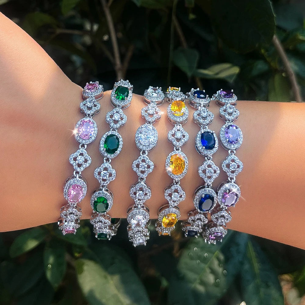 ThreeGraces Brilliant Purple Ellipse Zirconia Lucky Leaf Shape Bridal Wedding Party Link Chain Bracelet Jewelry for Women BR472