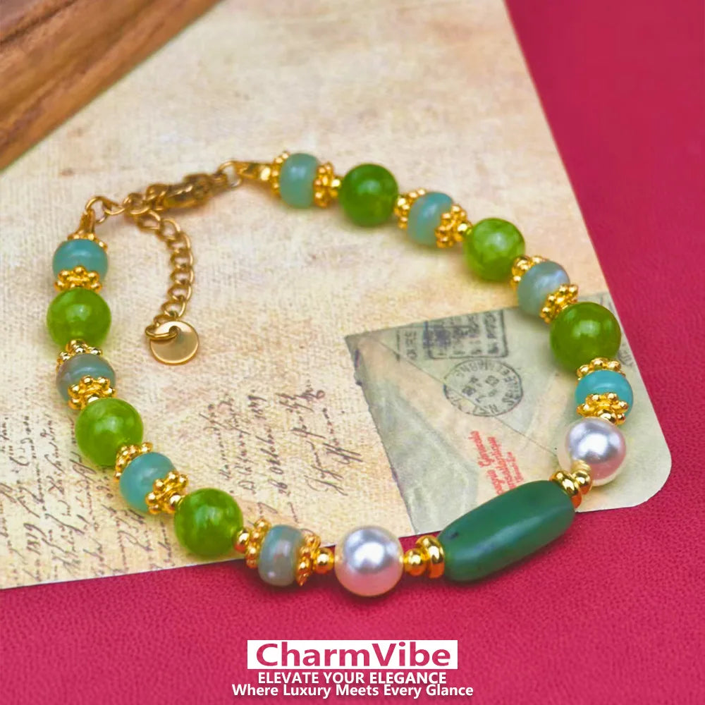 Natural Green stone Bracelet for Women Golden Pearl Adjustable Lobster Clasp Bracelet Boho Wedding Party Jewelry Gift