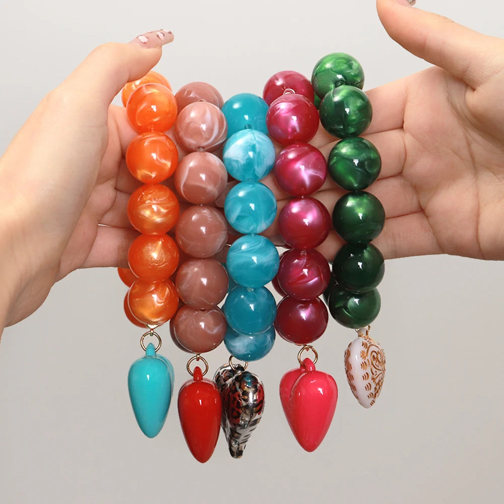 Boho Colorful Round Beads Heart Pendant Elastic Bracelets Fashion Geometric Beaded Bangle Bracelet Women Jewelry Gifts