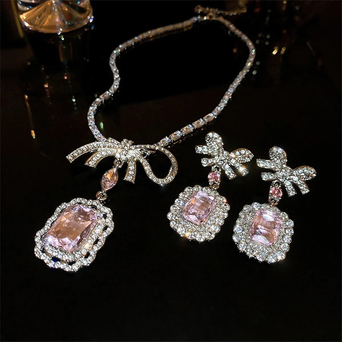 Sweet Square Pink Crystal Necklace Earrings for Women Girls Bowknot Earrings Wedding Bride Jewelry Sets Accessories