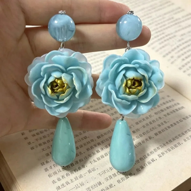 Blue Flowers Earrings for Women Teardrop Vintage Palace Style Sweet Pendientes Mujer Elegant Exquisite  Versatile Jewelry
