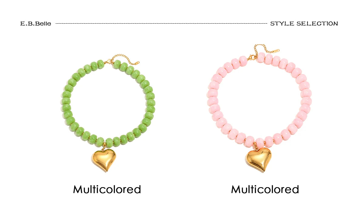 E.B.belle Candy Color Bead Heart Charm Necklaces Colorful Dopamine Resin Chain Necklace Tarnish Y2K Fashion Women Jewelry