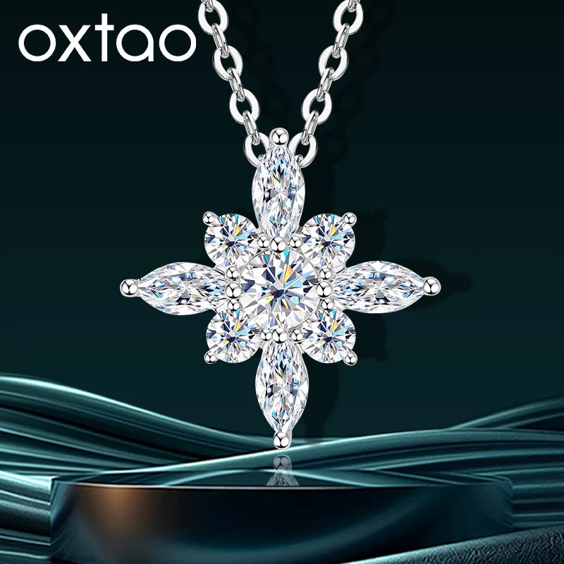 OXTAO Snow Star Moissanite Pendant Necklace 4mm D VVS1 For Women 14K Gold Filled Luxury Sparkling Charm Necklace Jewelry Gifts