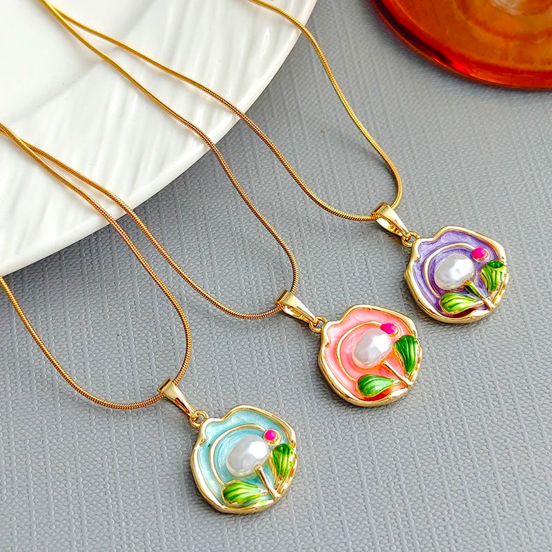 ANENJERY 316L Stainless Steel Colorful Enamel Flower Necklace For Women Temperament Elegant Jewelry Gifts Wholesale Party