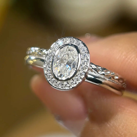 0.5CT Bezel Set Oval Cut Moissanite Halo Ring for Women Lab Diamond 925 Sterling Silver Double Row Wedding Band Jewelry With GRA