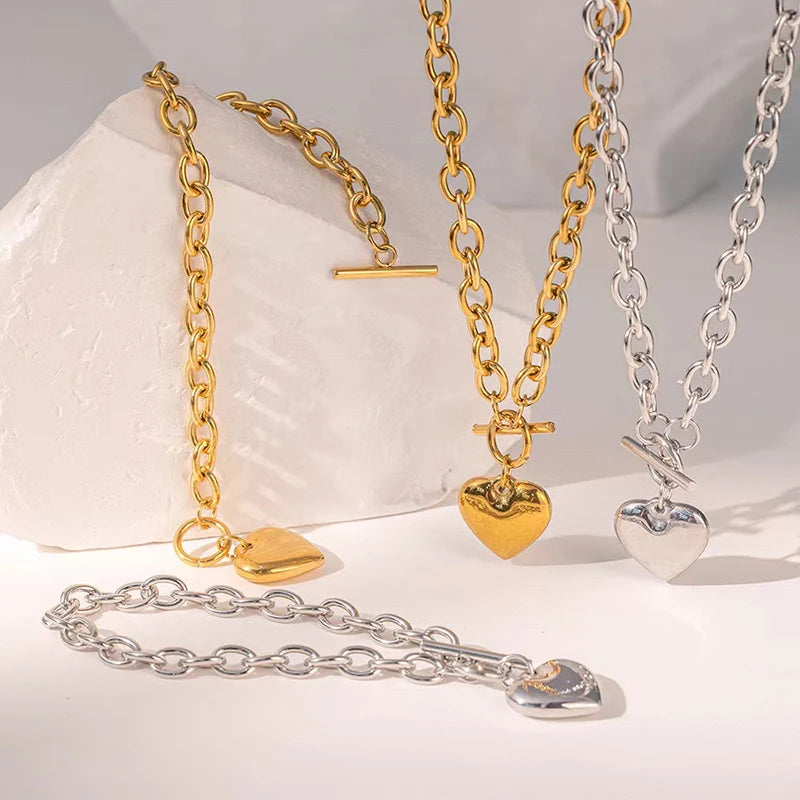 EILIECK 316L Stainless Steel Heart Love Pendant Necklace For Women Trendy Gold Silver Color Waterproof Neck Chain Jewelry Gift