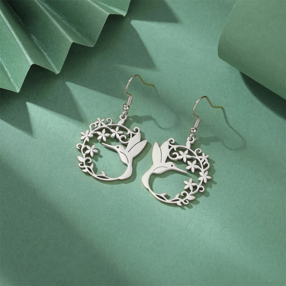 My Shape Hummingbird Earrings for Women Stainless Steel Flowers Birds Dangle Earrings Filigree Boho Fashion Jewelry  Gifts