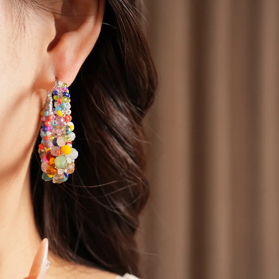 Colorful Glass Beaded Cluster Hoop Earrings for Women Shiny Wrapped Circle Huggie Earrings Vacation Festival Beach Jewelry N