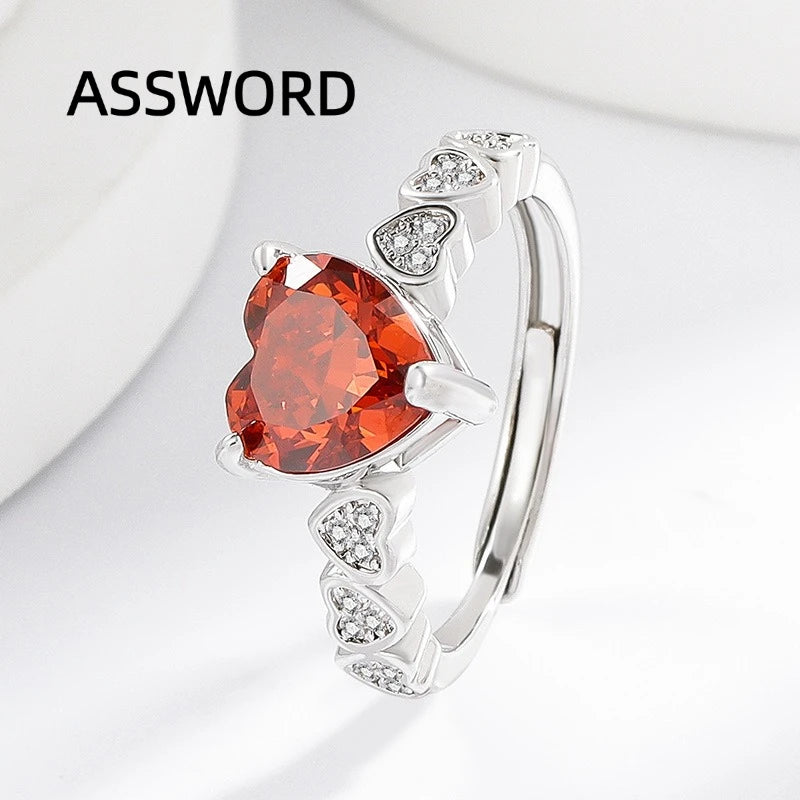 925 Sterling Silver Heart Cut Birthstone Ring for Women Multi Heart Pave CZ Band Solitaire Wedding Band Romantic Jewelry Gift