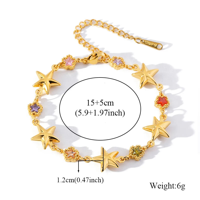 EILIECK 316L Stainless Steel Colorful Star Zircon Charm Bracelet Gold Color Jewelry Trendy Metal Texture Accessories for Women