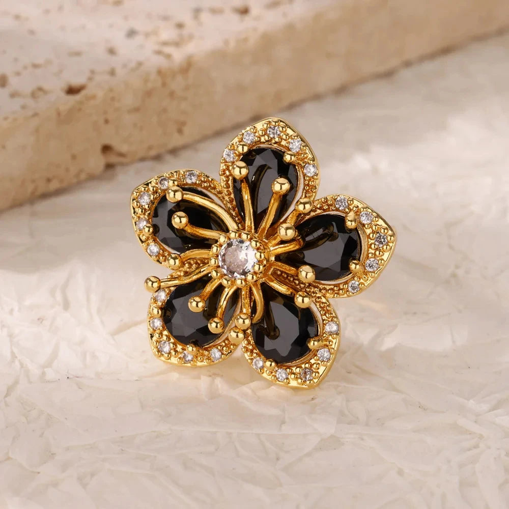 Stainless Steel Rings Gold Plated Colorful Stone Zircon Crystal Luxury Flower Ring For Women Wedding Jewelry Christmas Gift New