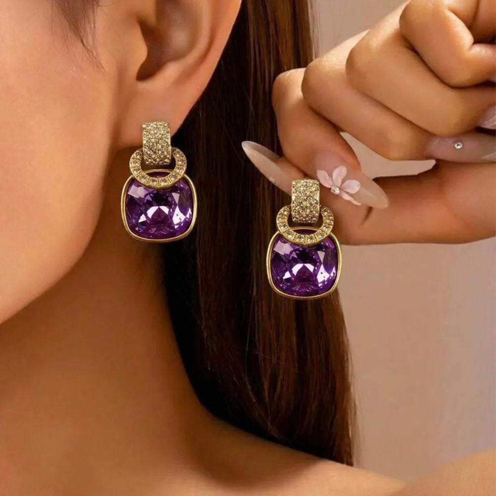 Retro Luxury Fashion Purple Square Sugar Ring Buckle Earrings for Women's High-End Accessories for Daily Commuting, Parties