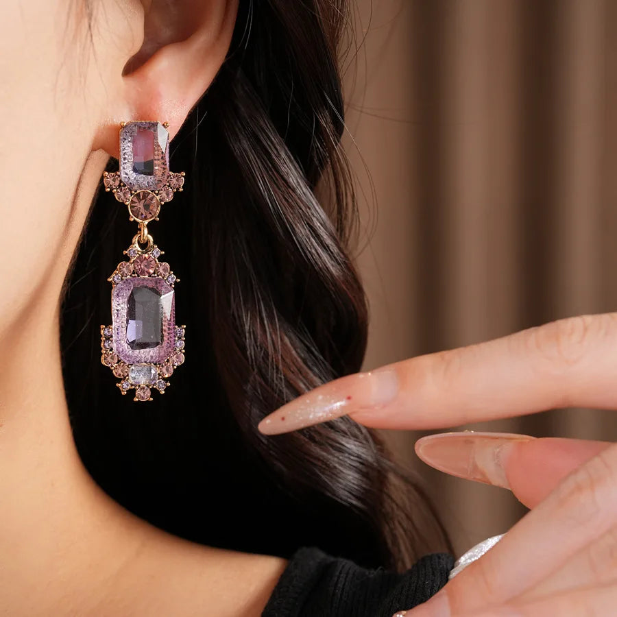 1 Pcs Purple Square Rhinestones Chokers Necklaces Retro Shiny Geometric Drop Earring Luxury Jewelry Set Gifts Wedding Party N