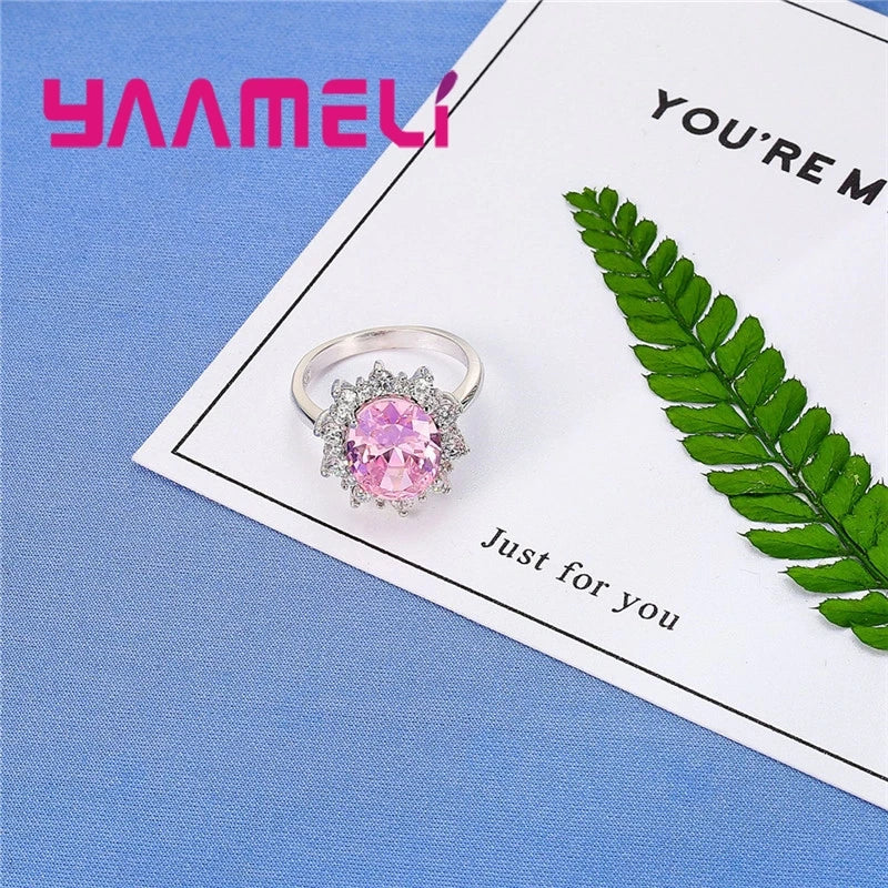 Gorgeous Sweet Real 925 Sterling Silver Color Big Oval Pink Crystals Rings For Lady Women Wedding Engagement Fashion Anel