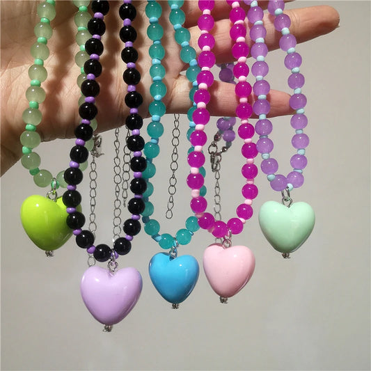 2026 New Color Beaded Chain Resin Heart Pendant Necklace For Women Girls Trendy Clavicle Chain Delicate Jewelry Gift