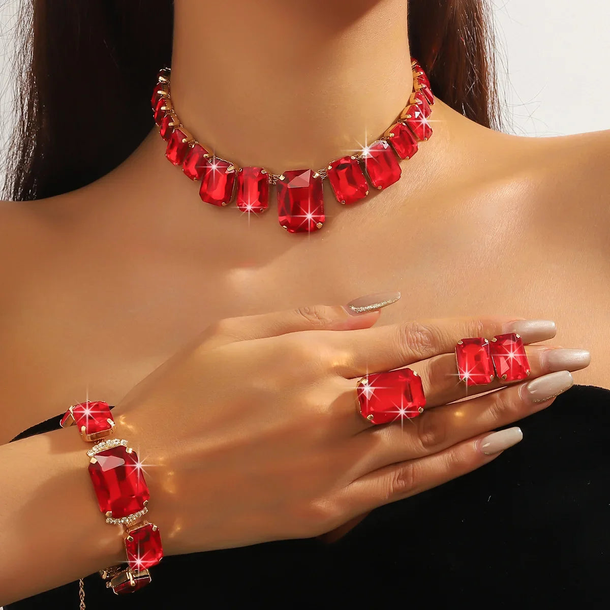 FYUAN Red Champagne Green Rectangle Geometric Necklace Earrings Bracelet Crystal Earrings for Women Wedding Jewelry Sets