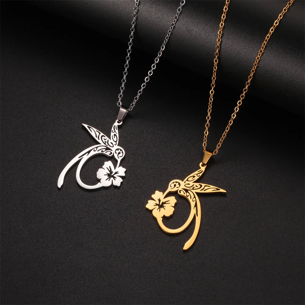 My Shape Hummingbird Flower Pendant Necklaces for Women  Bird Floral Stainless Steel Chain Choker Fashion Jewelry Gifts