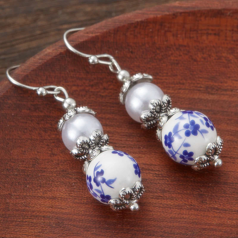 Retro Chinese Style Blue Floral Ceramic & Imitation Pearl Earrings Handmade Silver Plated Drop Earrings for Women Ethnic Jewelry