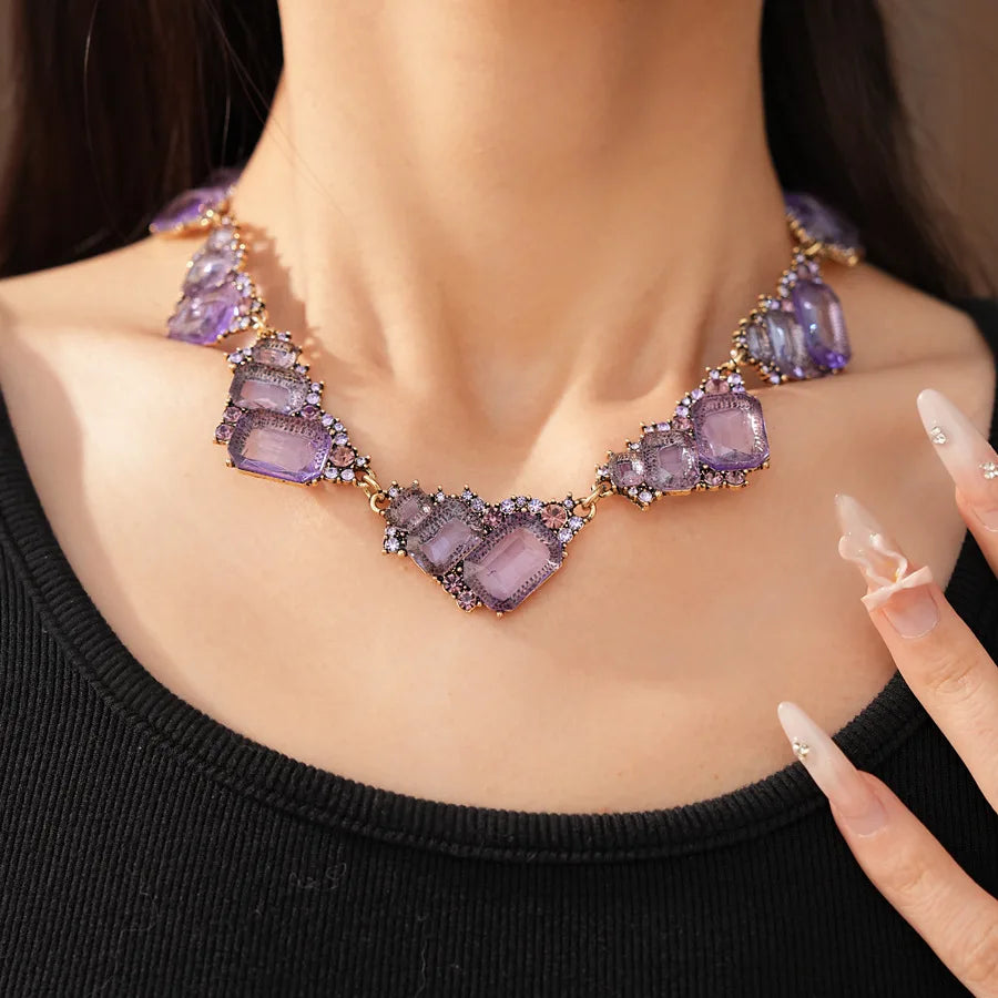1 Pcs Purple Square Rhinestones Chokers Necklaces Retro Shiny Geometric Drop Earring Luxury Jewelry Set Gifts Wedding Party N