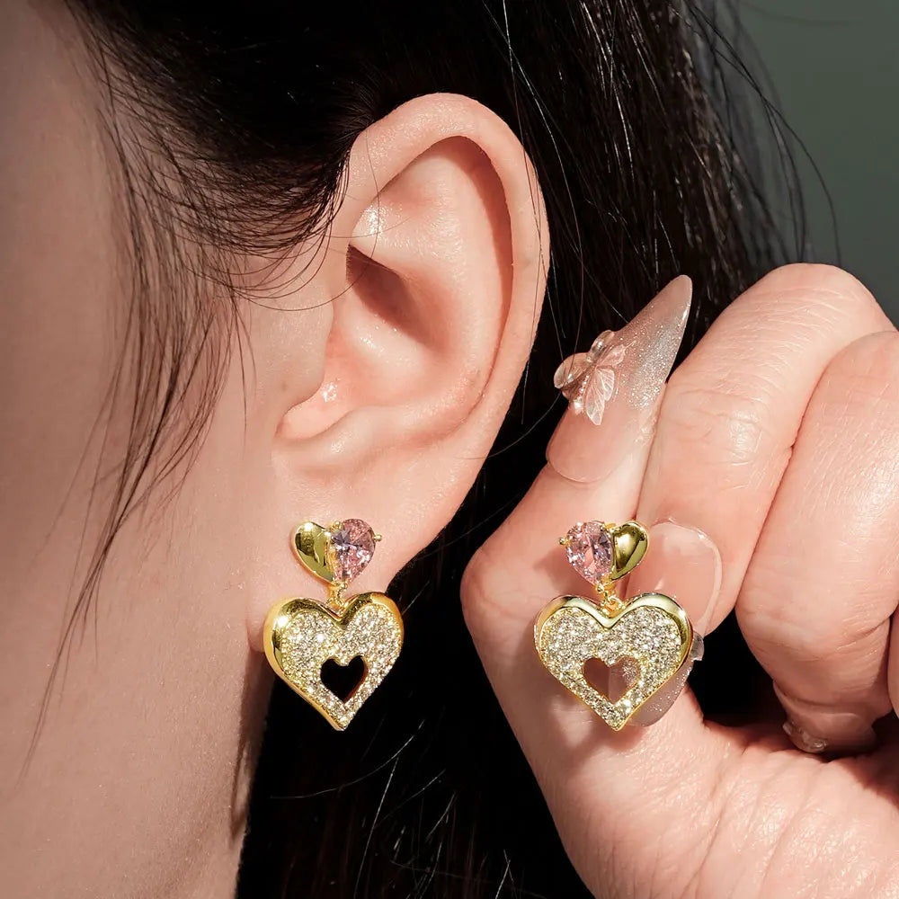 OXTAO Pink Heart-shaped Drop Earrings Sweet Moissanite &CZ Lab Imitation Diamond 14K Gold Filled  for Women Luxury Jewelry