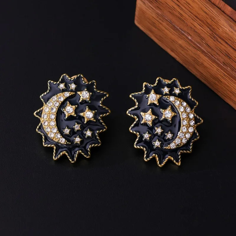 NISHIZAWA Stars Moon Earrings for Women Vintage Court Style Elegant Fashion Jewelry Rhinestones Black Aretes De Mujer