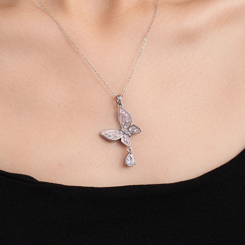ANENJERY 316L Stainless Steel Flower Butterfly Shell Pendant Necklace For Women Delicate Elegant Fashion Jewelry Gifts Wholesale